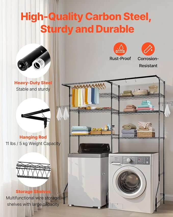 VEVOR Over The Washer and Dryer Storage Shelf, 6 Tier Laundry Room Drying Rack with Hanger Rod and Hooks, Adjustable Over Washer and Dryer Shelves, Laundry Room Shelf Storage Space Saver, Black-Ruum Studio Home