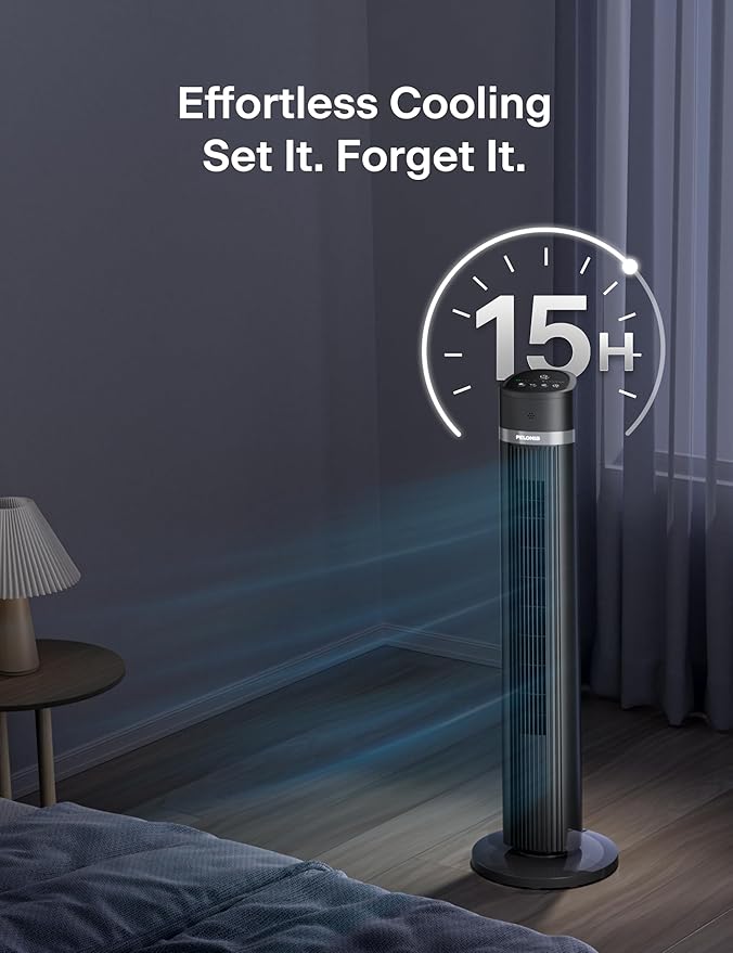 PELONIS 40 inch Bladeless Tower Fan for Bedroom, Standing Fan with Remote Control, 26ft/s, 90° Oscillation, 3 Speed Settings, 27 Db, 3 Modes, 15-Hour Timer, LED Display, Fan that Blows Cold Air, Grey-Ruum Studio Home