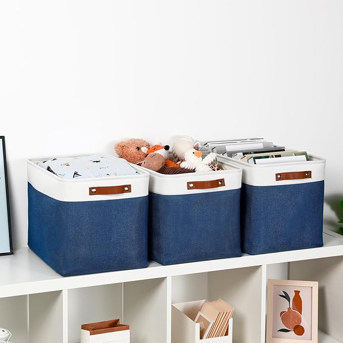 DULLEMELO Large Storage Baskets with Leather Handles for Linen Closet and Home Office, Decorative Baskets for Toys Storage (White & Blue)-Ruum Studio Home