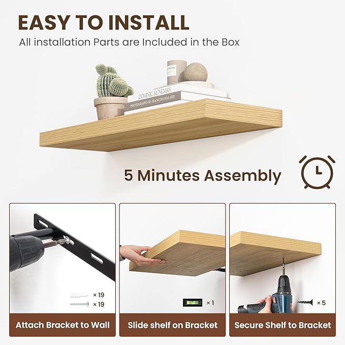 24 Inch Floating Shelves, 12 Inch Deep Floating Shelves for Wall, Floating Shelf with Invisible Brackets, Deep Shelves for Bathroom, Bedroom, Living Room, 2 Pack, Natural-Ruum Studio Home