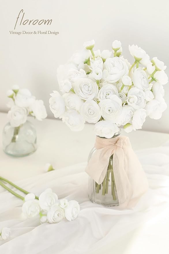 Floroom Ranunculus Artificial Flowers 18 Pcs White Faux Silk Mini Ranunculus Bulk Fake Wedding Filler Flowers for DIY Bouquets, Centerpieces, Bridal Shower Decorations & Arrangements-Ruum Studio Home
