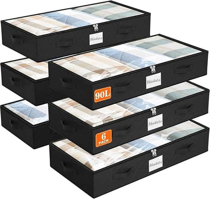SpaceWhisper 90L Under Bed Storage Containers, 6-Pack Storage Bins with Clear Top, Foldable Closet Organizers and Storage with Label Holder for Clothing, Blankets, Comforter & Pillows(Black)-Ruum Studio Home
