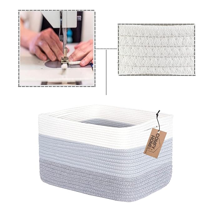 COMFY-HOMI 3PACK Cotton Rope Woven Basket With Handles for Shelves, Toy, Book, Cloth Storage Basket for Organizing|13.5" x 11" x 9.5" Decorative Nursery Cube Bin for Living Room（White / 3-Tone Grey）-Ruum Studio Home