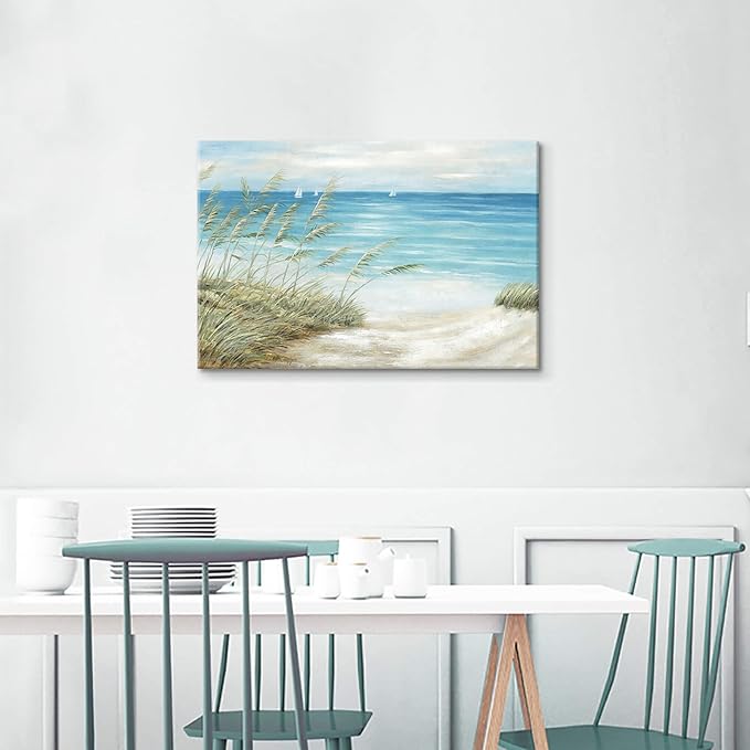 Beach Coastal Canvas Wall Art: Sea Reed Hand Painting Vintage Abstract Blue Ocean Boat Nautical Pictures Modern Seascape Grass Path Artwork Decor for Bathroom Bedroom-Ruum Studio Home