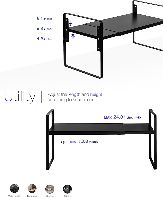 Nxconsu Cabinet Shelf Expandable Height Adjustable Organizer Riser for Kitchen Cabinet Pantry Cupboard Under Sink Countertop Organization Storage Space Saver Stackable Heavy Duty Metal Black XL-Ruum Studio Home