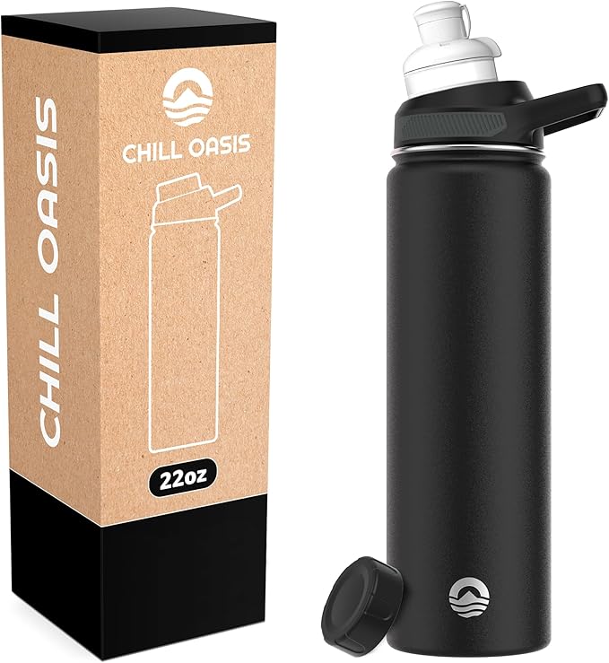 Chill Oasis Water Bottle | Compatible With Popular Flavor Cartridges | BPA Free, Leak Proof, Double-Walled Vacuum Insulated Stainless Steel, and Dishwasher Safe | Cold for 24 Hours (Black, 22oz)-Ruum Studio Home