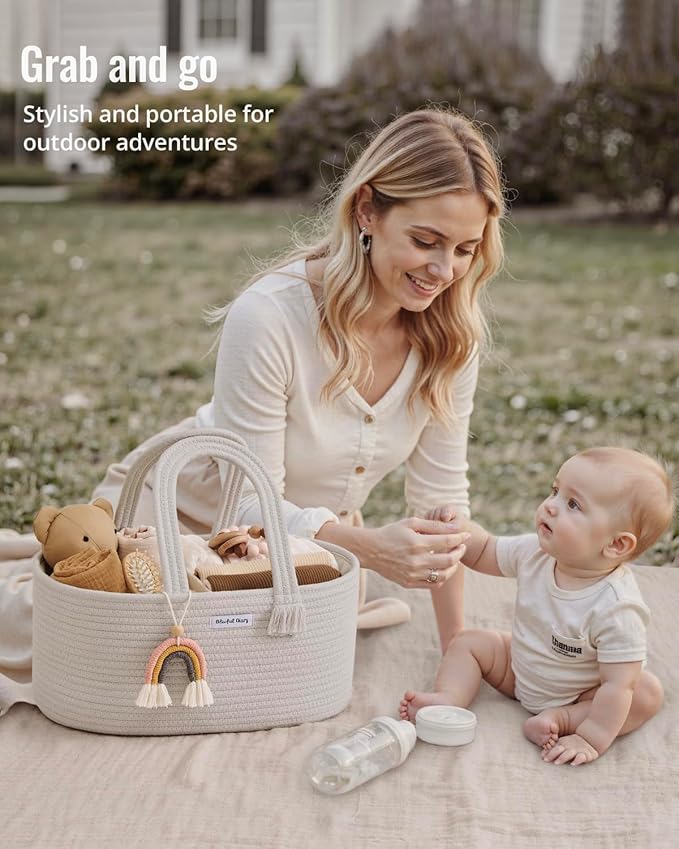Blissful Diary Baby Diaper Caddy Organizer, Cotton Rope Diaper Caddy Basket, Oval Storage Basket, Gift for Baby Shower, Newborn Essentials, Beige-Ruum Studio Home