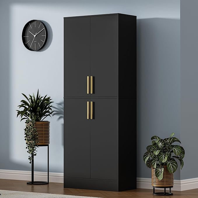 71" Tall Pantry Cabinet, 4 Doors Kitchen Pantry Storage Cabinet, Freestanding Larder Cupboard, Kitchen Hutch with Gold Handles for Dining Room, Bathroom, Black-Ruum Studio Home
