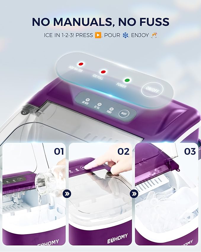 EUHOMY Countertop Ice Maker Machine with Handle, 26lbs Per Day, 9 Ice Cubes Ready in 6 Mins, Auto-Cleaning Portable Ice Maker with Basket and Scoop, for Home/Kitchen/Camping/RV (Purple)-Ruum Studio Home