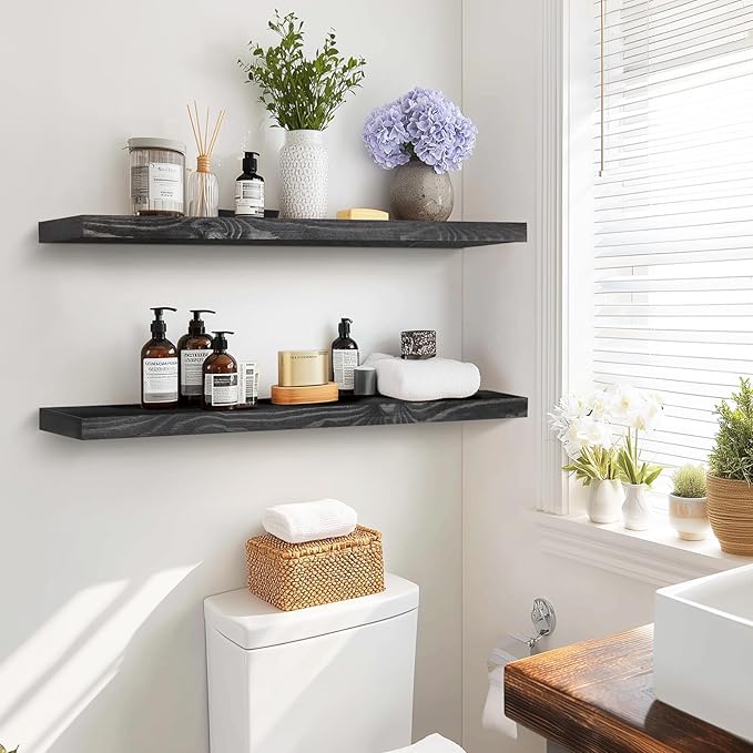 36"x6.8"x1.2" Solid Wood Floating Shelves 2-Pack - Rustic Black Finish with Hidden Brackets, Perfect for Storage and Décor in Living Room, Kitchen, Bedroom-Ruum Studio Home