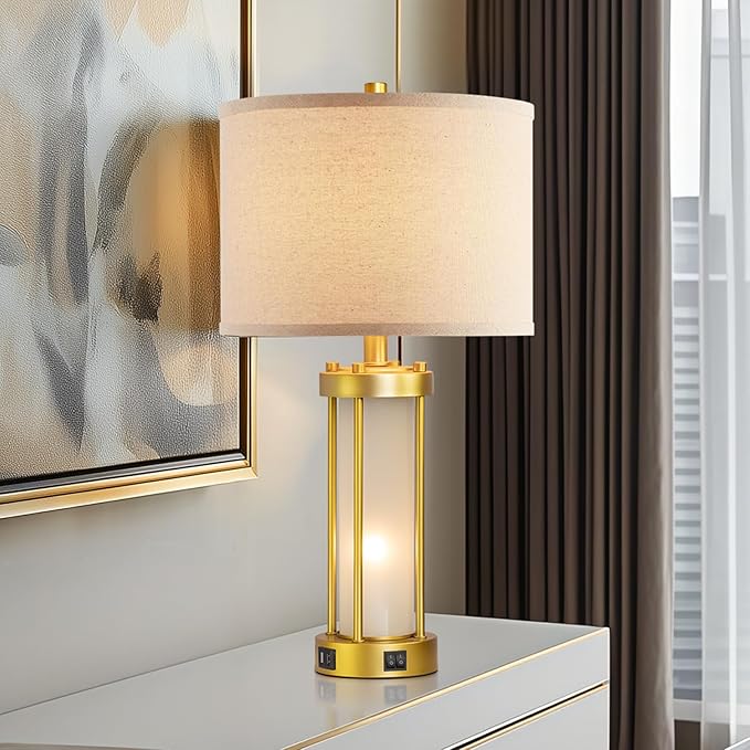 RORIA Modern Table Lamps for Living Room Set of 2, Farmhouse Bedroom Lamps for Nightstands with Dual USB Ports, Gold Bedside Lamps with White Frosted Glass Nightlight, 4 Bulbs Includes (Gold)-Ruum Studio Home