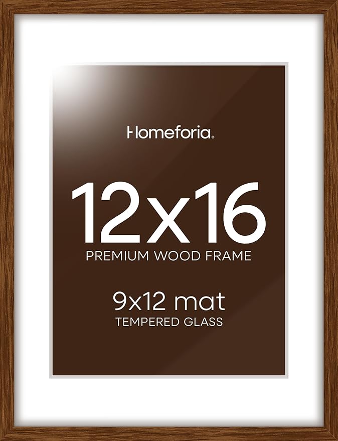 Homeforia 12x16 Picture Frame Brown, High End Dark Oak 12x16 Walnut Wood Poster Frame with Mat 9x12 Print, 12 x 16 Wooden Frame Matted to 9 x 12 Photo, 16x12 Frames, Tempered Glass, Wall Kit, Set of 1-Ruum Studio Home