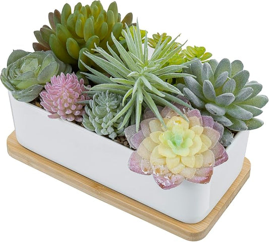 MyGift Assorted Artificial Succulent Plant Arrangement Potted in White Ceramic Planter Pot with Removable Bamboo Tray-Ruum Studio Home