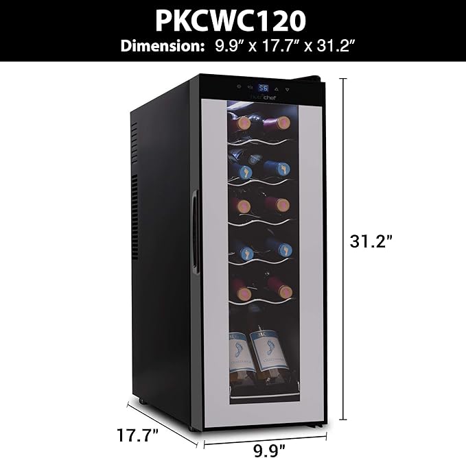 NutriChef PKCWC120 White & Red Cooler-Freestanding Countertop Compact Mini Wine Fridge Chiller Capacity, Digital Control, Glass Door, 12 Bottle-Black-Ruum Studio Home