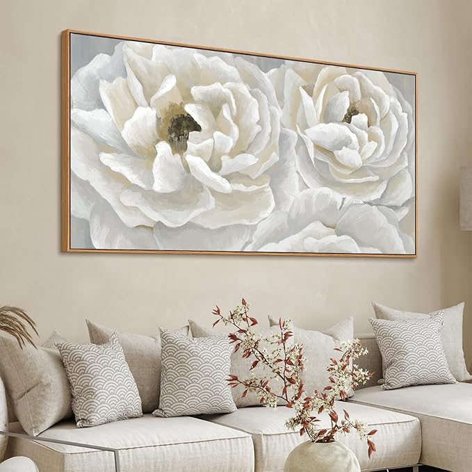 arteWOODS Cream White Flowers Framed Wall Art - Soft Peony Pictures for Wall Decor Elegant Blossom Flower Painting Artwork Botanical Prints for Living Room Home Office Wall Decoration 29" x 58"-Ruum Studio Home