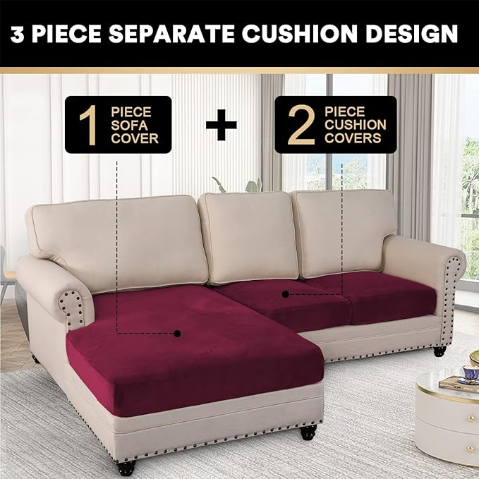 PrinceDeco Sectional Couch Covers 3 Pieces Velvet Sofa Covers L Shape Soft Couch Covers for Sectional Sofa Corner Sofa Cover Couch Cover for Dogs Washable (2 Seater + 1 Chaise,Burgundy)-Ruum Studio Home