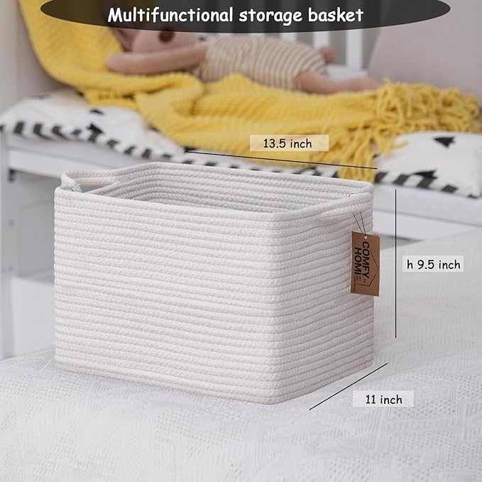 COMFY-HOMI 3PACK Cotton Rope Square Basket with Handles for Shelves|Dog Toy Basket Bin and Storage|Baby Basket for Gif|Shoe basket for Organizing|New13.5" x 11" x 9.5" for Living Room（All White）-Ruum Studio Home