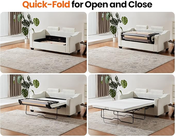 Pull Out Sofa Bed, Full Size Sleeper Sofa, 2-in-1 Convertible Corduroy Couch with USB Charging, Memory Form Couch for Living Room, Apartment and Small Space (Beige, Chenille - Full Size)-Ruum Studio Home