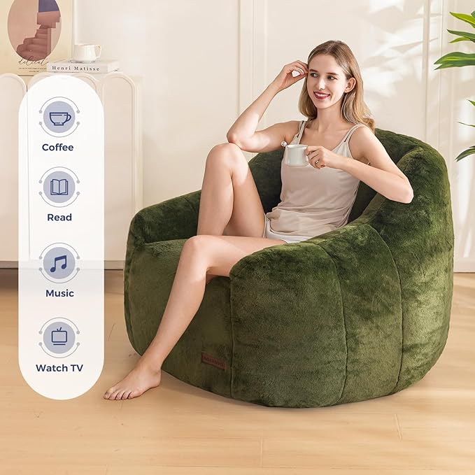 MAXYOYO Bean Bag Chair, Comfy Bean Bag Sofa with Back Support, Faux Fur Bean Bag Chair for Adults and Kids, Stuffed Floor Sofa for Living Room, Bedroom, Apartment, Green-Ruum Studio Home