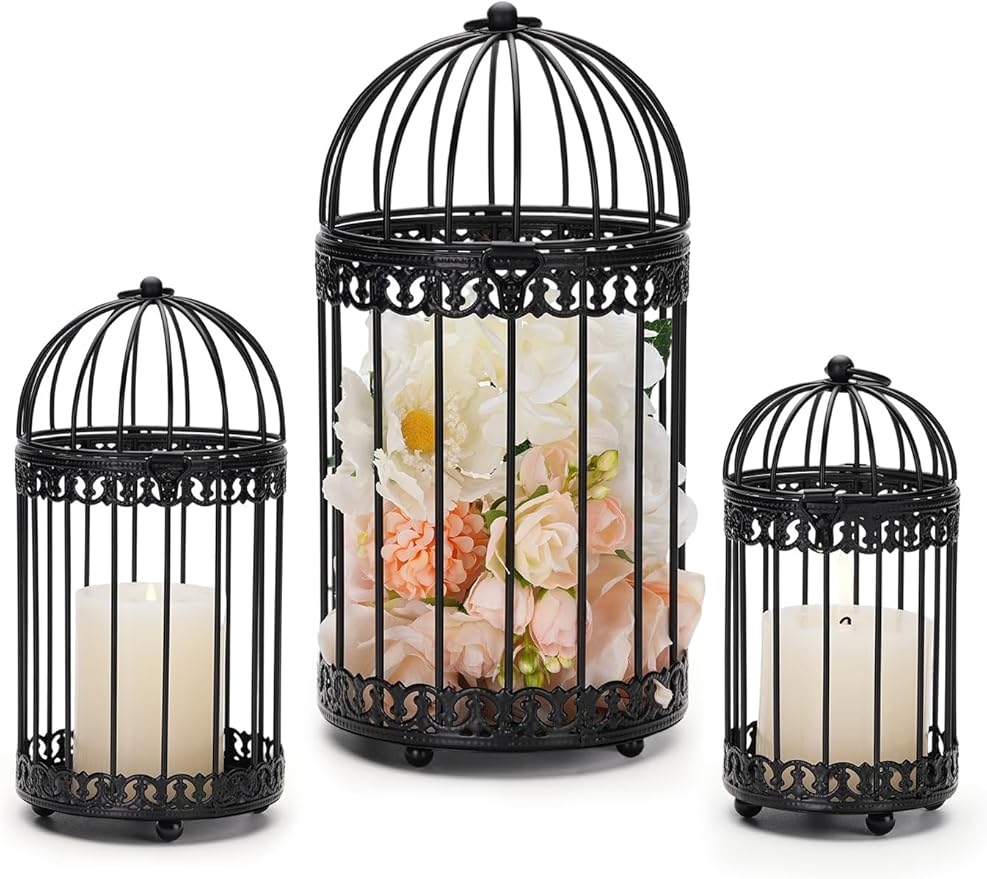 NUPTIO Decorative Bird Cages for Centerpiece: Black Vintage Bird Cage Hanging Lantern Set of 3 - Metal Birdcage Pillar Candle Holders for Halloween Party Table Fireplace Decor-Ruum Studio Home
