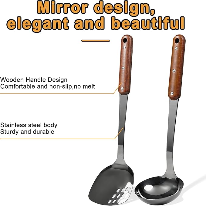 FJNATINH Stainless Steel Wok Spatula and Ladle Tool, Mirror Polished Cooking Utensils Set Metal Wok Accessories with Wooden Handle,Easy to Clean Kitchen Utensils,Black-Ruum Studio Home