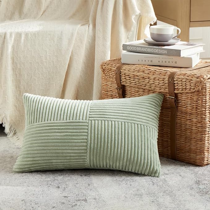 Fancy Homi 2 Packs Sage Green Lumbar Decorative Throw Pillow Covers 12x20 Inch for Living Room Couch Bed, Rustic Farmhouse Boho Home Decor, Soft Striped Corduroy Rectangle Accent Cushion Case 30x50 cm-Ruum Studio Home