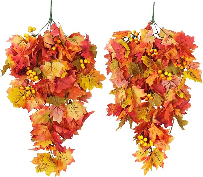RECUTMS Fall Leaves Hanging Plant Artificial Fall Leaves Garland with Berry Fake Autumn Wall Hanging Leaf Vines for Home Halloween Party Door Frame Fireplace Decoration(Orange with Berry)-Ruum Studio Home