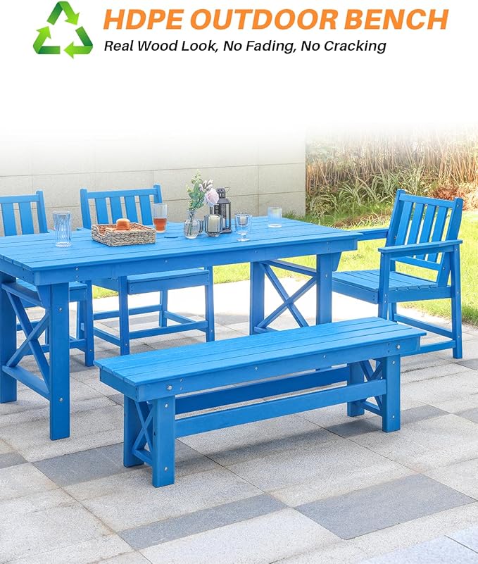 HDPE Outdoor Bench, 55" Patio Bench Outdoor Furniture, Poly Lumber Adirondack Benches, All Weather HDPE Patio Garden Backless Benches for Park, Poolside, Deck, Porch, Sky Blue-Ruum Studio Home