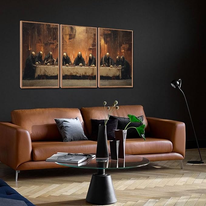 KAIRNE Framed Skeleton Canvas Wall Art,Abstract Retro Skull Pictures Set of 3(16”X24”),Scary Halloween Prints,Horror Wall Art,Skeleton Last Supper Posters for Living Room Bedroom Ding Room Decoration-Ruum Studio Home