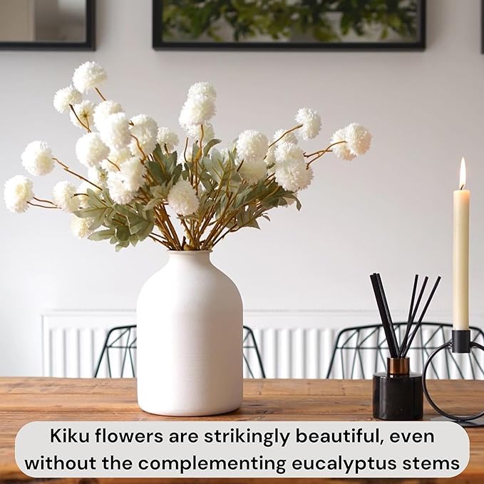 White Faux Flowers for Vase - Kiku 10 Stems & Eucalyptus, Fake Flowers Stems for Pottery Vase, Realistic Artificial Flowers, Pom Pom Balls for Aesthetic Room Decor, Floral Arrangements Centerpiece-Ruum Studio Home