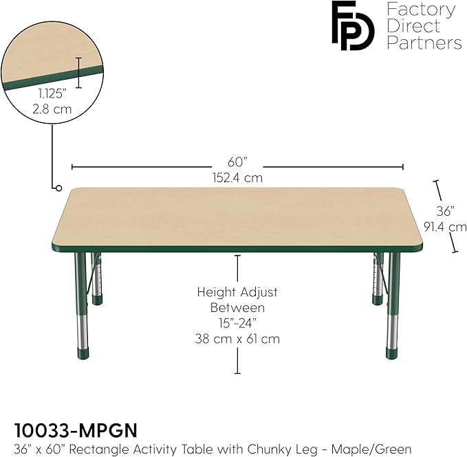 Factory Direct Partners FDP Rectangle Activity School and Classroom Kids Table (36 x 60 inch), Toddler Leg, Adjustable Height 15-24 inches - Maple Top and Green Edge-Ruum Studio Home