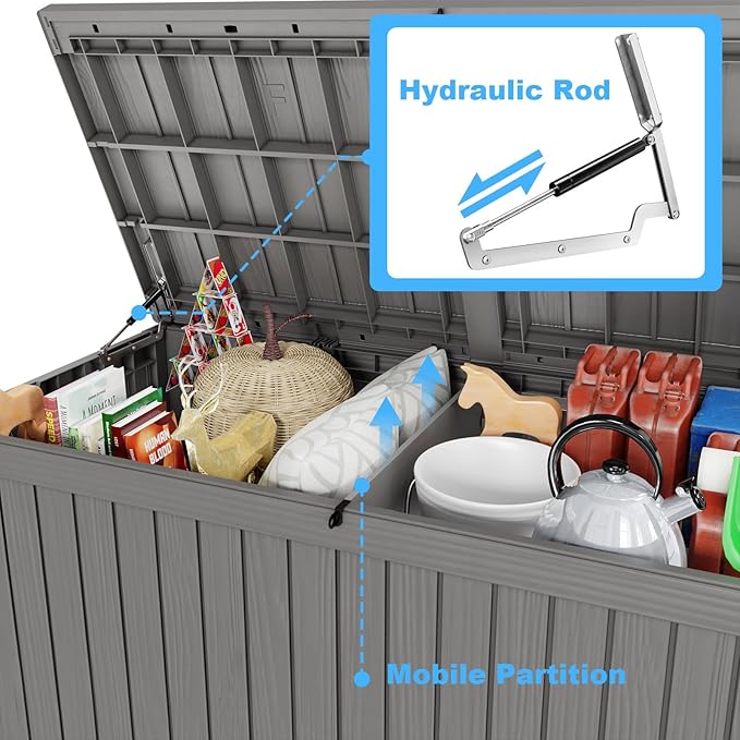 180 Gallon Deck Box,Resin Outdoor Storage Box with Lockable for Patio Furniture, Pool Accessories, Garden Tools Waterproof Outside Storage Box, Grey-Ruum Studio Home