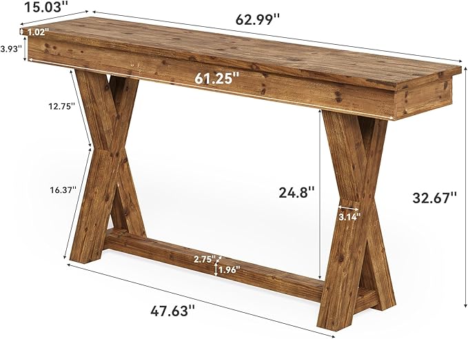 Solid Wood Console Table, 63-Inch Farmhouse Entryway Table with X-Shaped Legs, Real Wood Behind The Couch Table for Living Room, Entrance, Hallway, Easy Assembly-Ruum Studio Home