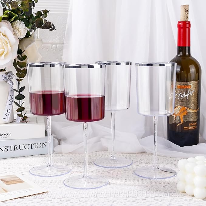 Ciaell 12 Pack Plastic Wine Glasses - 14 Oz Plastic Wine Glasses with Stem - Square Silver Disposable Stemmed Glass for Parties & Weddings & Outdoors-Ruum Studio Home