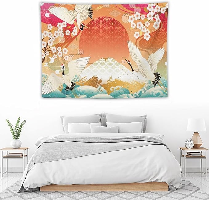 HZOHNAGO Japanese Tapestry Cherry Blossom Crane Sea Wave Fuji Mountain Red Sun Pattern Printed Wall Tapestry Painting Wall Hanging for Bedroom Living Room Dorm 40" W x 30" H-Ruum Studio Home