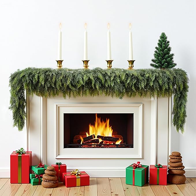 9 ft Christmas Garland, Cedar Garland, Real Touch Cypress Garlands, Green Artificial Greenery Garland for Mantel Indoor Outdoor Christmas Decorations-Ruum Studio Home