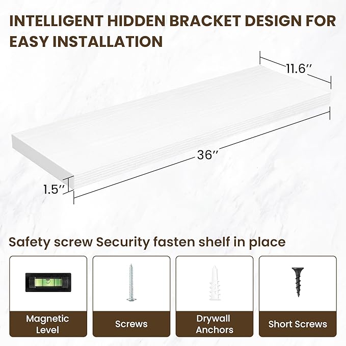 36 Inch Floating Shelves, 12 Inch Deep Floating Shelves for Wall, Floating Shelf with Invisible Brackets, Large Deep Wall Shelves for Bathroom, Bedroom, Living Room, 2 Pack, White-Ruum Studio Home