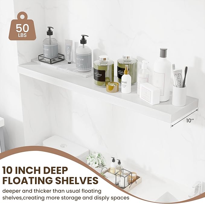 Fun Memories 10 Inch Deep Shelves, Floating Shelves for Wall 48 Inches Long, Wood Floating Shelves for Wall, Large Storage Shelves Wall Mount for Living Room Bedroom, White, Set of 1-Ruum Studio Home