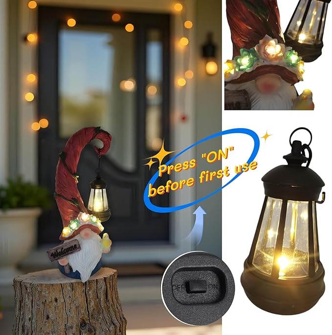 Solar Outdoor Figurine Lights Gnome Garden Decor Statue with LED Flowers & Lantern, Glowing Fairy Yard Decorations for Outside Patio Yard Front Porch, Housewarming Home Decor Gifts Thanksgiving-Ruum Studio Home