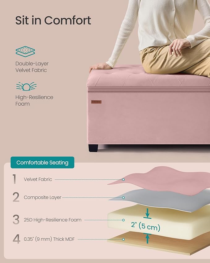 SONGMICS Velvet Storage Ottoman Bench, Foot Rest with Legs, 15.7 x 43 x 15.7 Inches, End of Bed Bench, Storage Chest, Load up to 660 lb, for Living Room, Bedroom, Entryway, Jelly Pink ULSF089R01-Ruum Studio Home