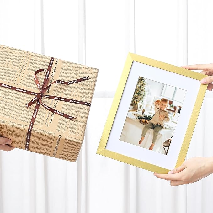 Vittanly 8.5x11 Picture Frames Set of 9, Shatter Resistant Plexiglass, Display 6x8 Pictures with Mat or 8.5x11 without Mat, Photo Frames for Wall or Tabletop, Engineered Wood, Gold-Ruum Studio Home