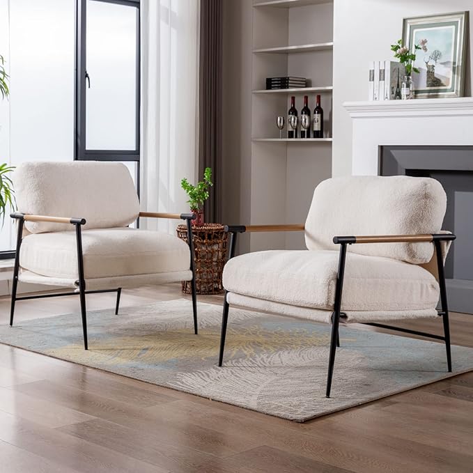 Mid-Century Accent Chair Set of 2, Soft Armchair Sherpa Fabric Lounge Chair with Black Metal Legs, Upholstered Leisure Chair for Living Room Bedroom Reception Room, White-Ruum Studio Home
