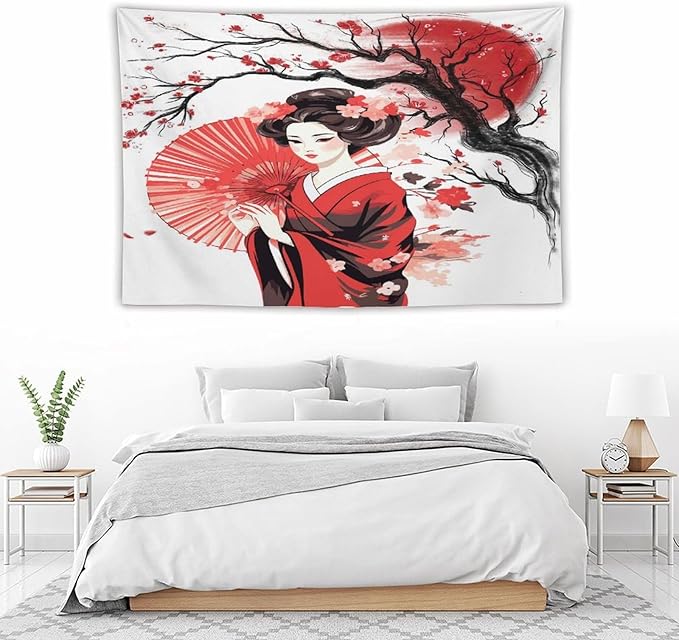 Japanese Red Geisha Tapestry Asian Cherry Blossom Traditional Kimono Folk Tapestries Home Decor for Living Room Bedroom Apartment Farmhouse Dorm 60"x40"-Ruum Studio Home