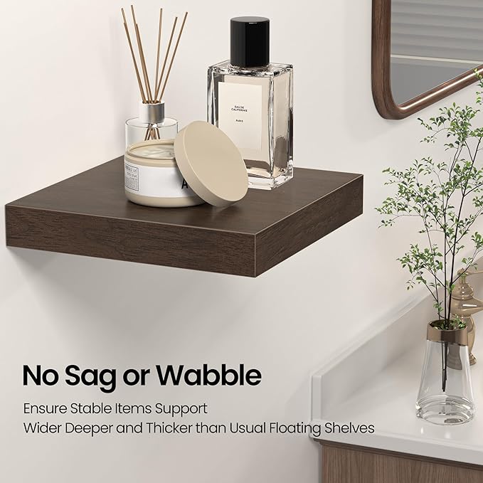 Square Floating Shelves for Wall, 12" W x 12" D x 1.2" H, Small Wooden Wall Mounted Display Shelves with Invisible Brackets for Living Room, Bedroom, Bathroom, Kitchen Decor, Set of 3, Walnut-Ruum Studio Home