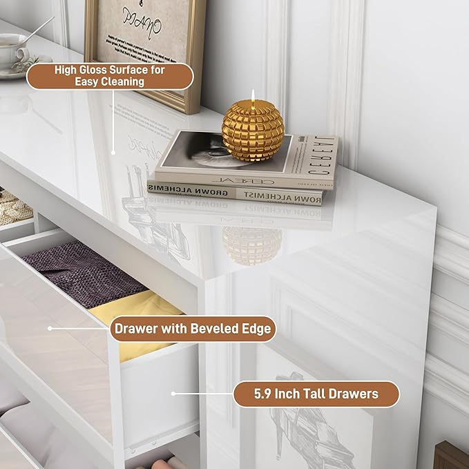 White Malm Dresser for Bedroom, 55 Inch Full High Gloss Dresser with 7 Drawers, Modern Large Wood Chest of Drawer Handle Free, Living Room, Entryway, Hallway, White-Ruum Studio Home