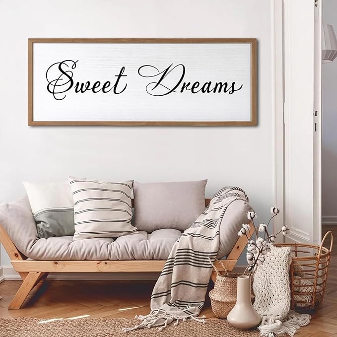 Sweet Dreams Wall Decor Above Bed 40x15 Inch Large Master Bedroom Hanging Wood Rustic Framed Farmhouse Sweet Dreams Sign Guest Room Aesthetic And Minimalist Over Bed Wall Art（Wood White）-Ruum Studio Home