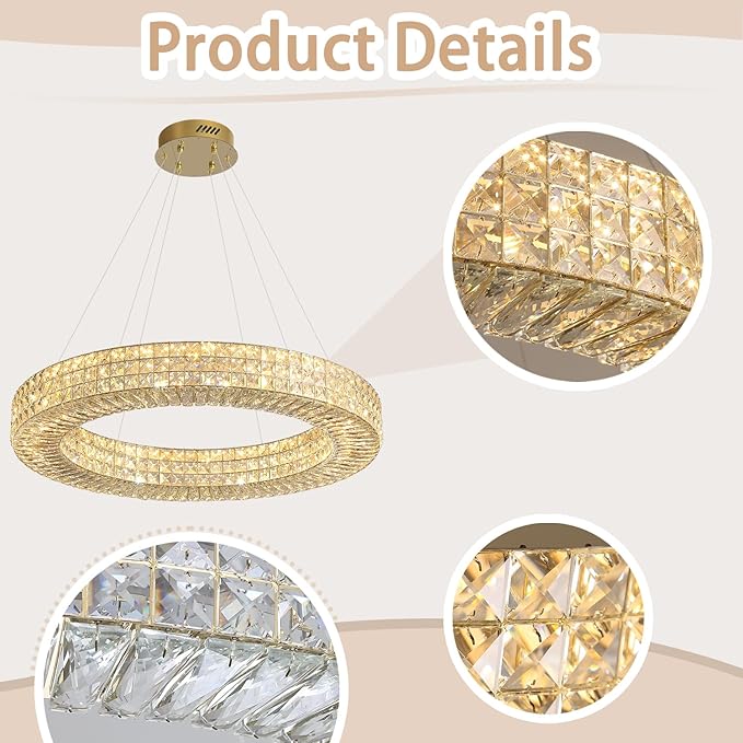 Dia 32" Ring Crystal Chandelier Modern Gold Chandelier Adjustable Height Luxury Crystal Pendant Ceiling Light Fixture for Dining Living Room Bedroom-Ruum Studio Home