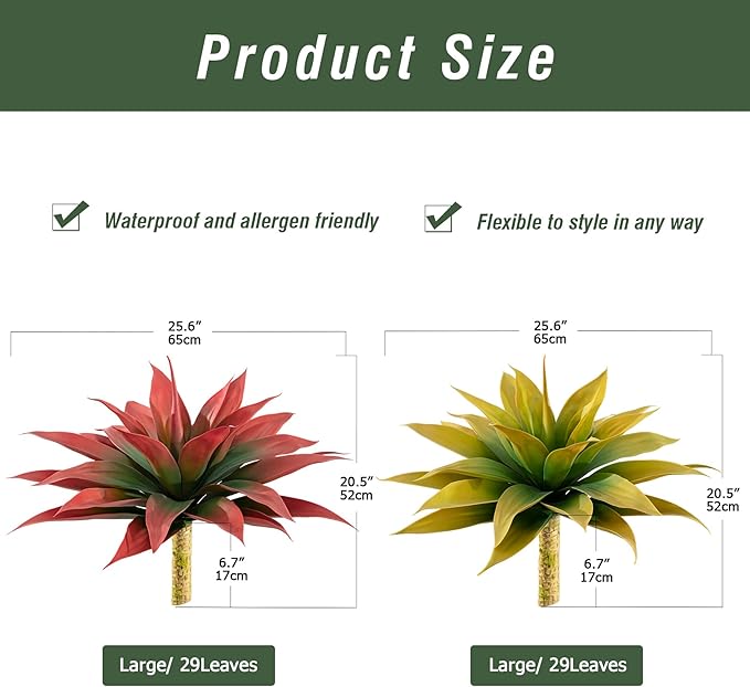 Artificial Agave Plants,Large UV Resistant Fake Agave Planters for Indoor and Outdoor Decorating Artificial Plants for Outdoors Fake Plants 2Pack, 28" Red-Ruum Studio Home