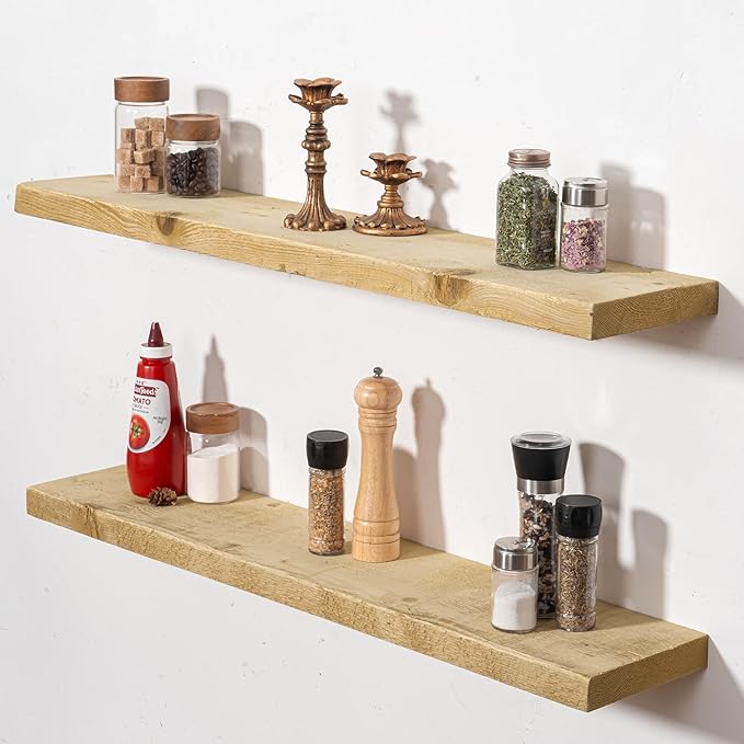 Fun Memories Floating Shelves for Wall Decor, 36"x8" Rustic Reclaimed Wood Shelves, Heavy-Duty Wall Mounted Shelves with Invisible Brackets, Set of 2for Living Room, Bedroom, Kitchen, Natural Finish-Ruum Studio Home