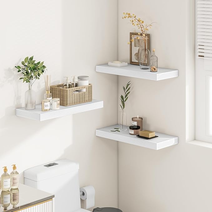 White Floating Shelves for Wall, 24 Inch X 12 Deep Shelves for Room Wall Mounted，2" Thick Heavy Duty Holds 55lbs Floating Shelf for Bedroom Bathroom Kitchen Laundry Room, Set of 2-Ruum Studio Home